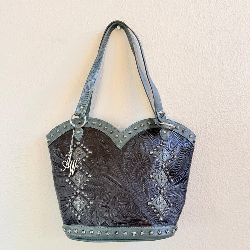 American West bucket black leather studded purse